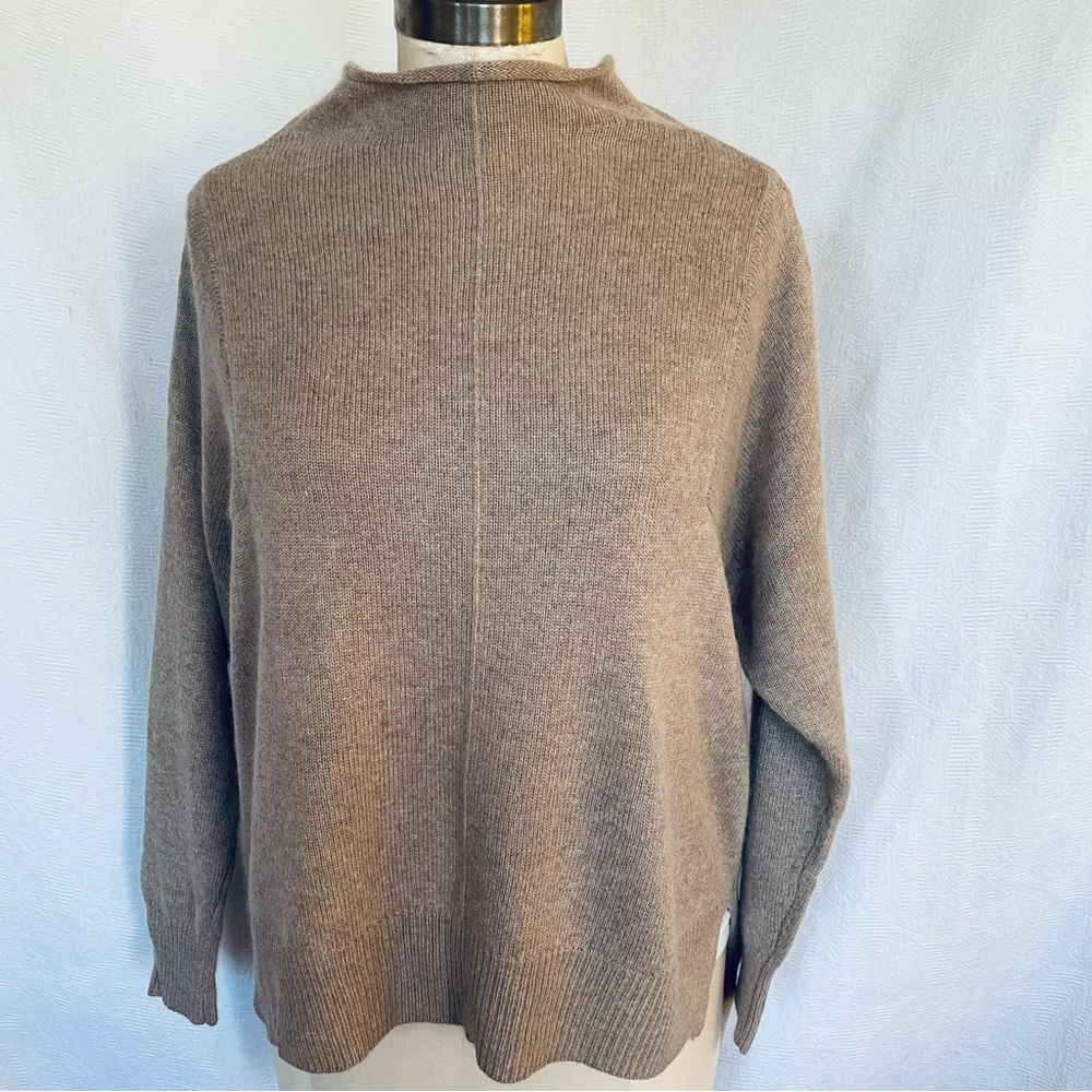 Pure cashmere tan melange funnel neck relaxed fit sweater